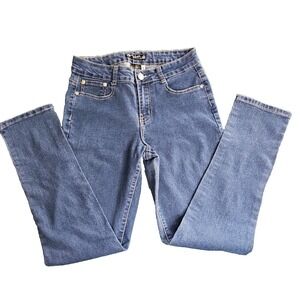 QQMY Womens Mid Rise Straight Leg Jeans Bling Pocket Medium Wash Size 7/8